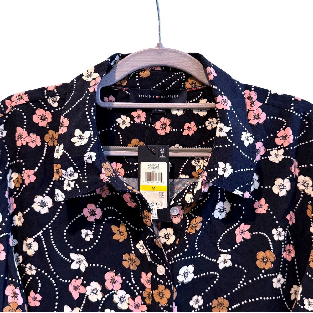 Tommy Hilfiger Asheville Navy Floral Button Up Shirt Drawstring Hem Women Medium - Picture 2 of 8